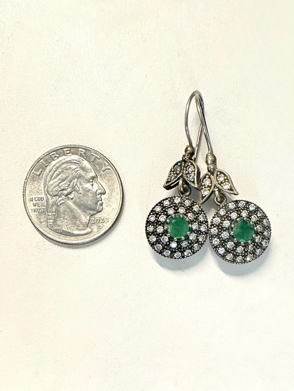 Vintage Ottoman Sterling Silver Emerald Hurrem Sultan Dangle Earrings